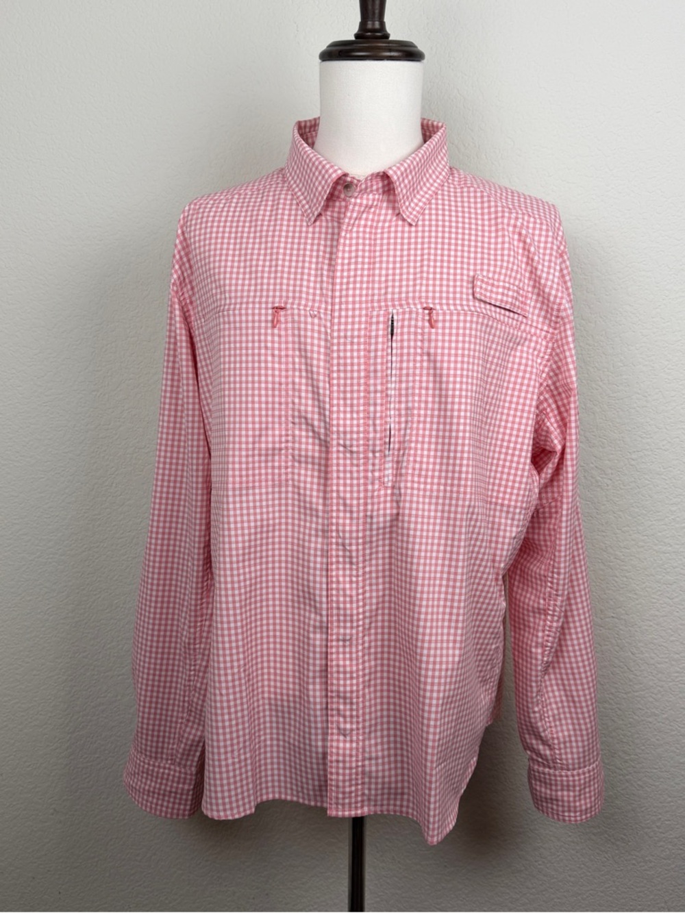 Coolibar sun protection men’s long sleeve button down in pink check | XL